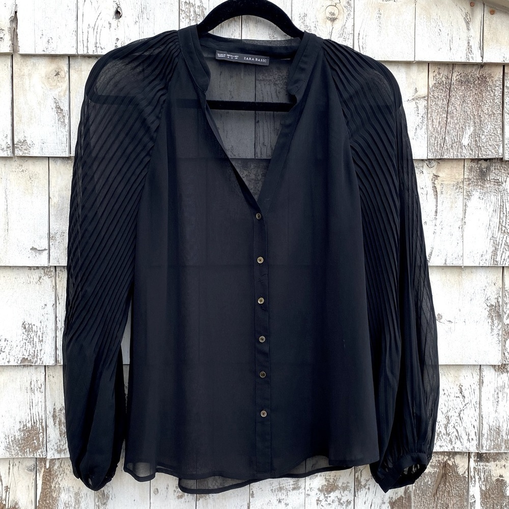 Zara Pleated Long Sleeves Button Down Sheer Blouse - Picture 1 of 4